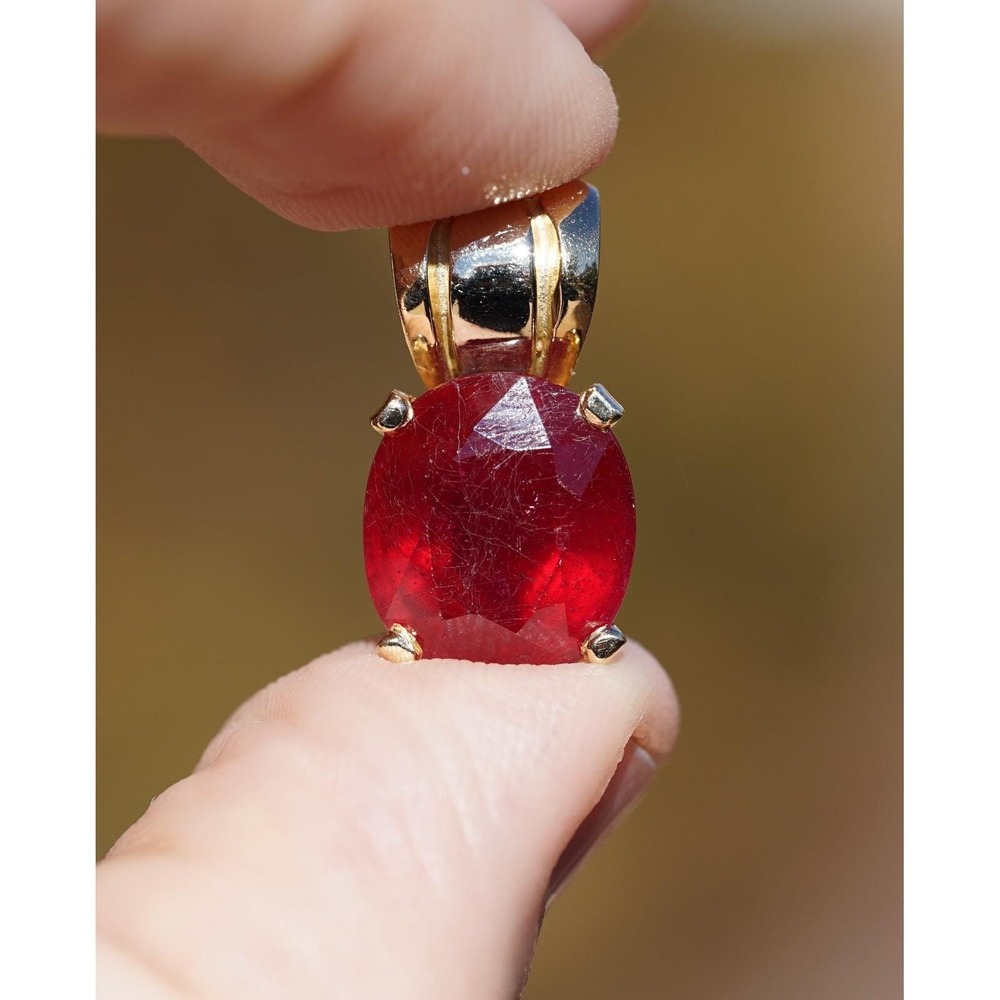 Vintage 14k Solid Yellow Gold Oval Bright Red Natural Ruby Pendant - Large Heavy